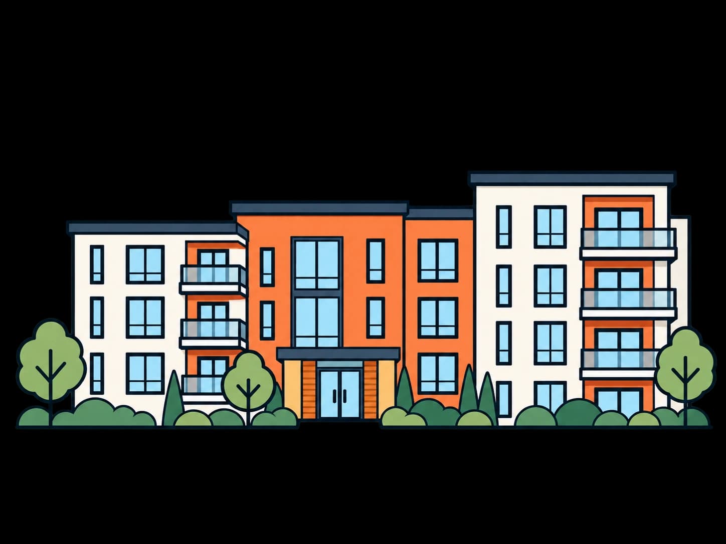 Illustration of three apartment buildings with trees in front